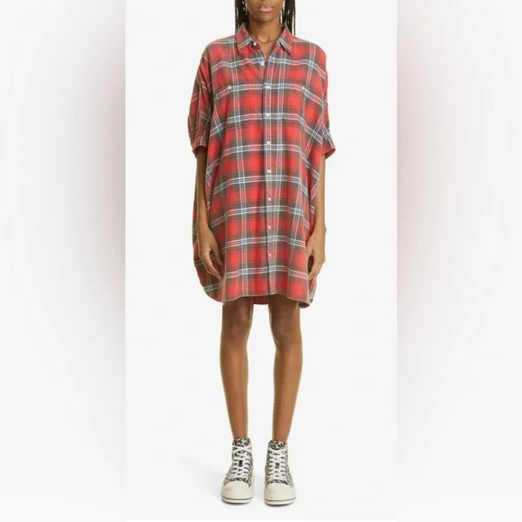 R13 Red Oversized Boxy Plaid Shirt Dress - Picture 2 of 5